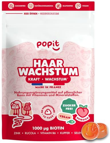 POP IT Gummies Pousse Cheveux et Ongles - Accélère la Croissance & Réduit la Chute - Complément Alimentaire Cheveux avec Biotine, Zinc & Sélénium - Vegan, Sans Sucres, Goût Pêche, Made in France - 30u