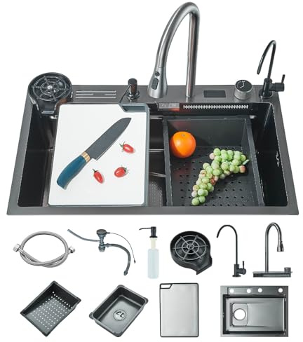 JUNSOTTOR Évier de cuisine Évier à cascade numérique évier en acier inoxydable avec Robinet à tirer gris et planche à découper évier de cuisine multifonction Accessoires d'évier complets (75x46cm)