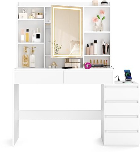 VASAGLE Sminkbord med LED-spegel, justerbar ljusstyrka, flera uttag, sminkbord, 40 x 118,3 x 145 cm, öppna fack, justerbara hyllor, modern, molnvit, Kailyn RDT644WB01