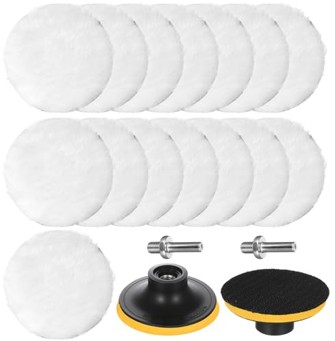19 Pcs Kit Polissage Voiture Pads pour Perceuse, Tampons de Polissage en Laine de 80 mm pour Voitures, Lustrage Carrosserie Voitures, Tampon Polissages, adaptateur et embout M10 inclus