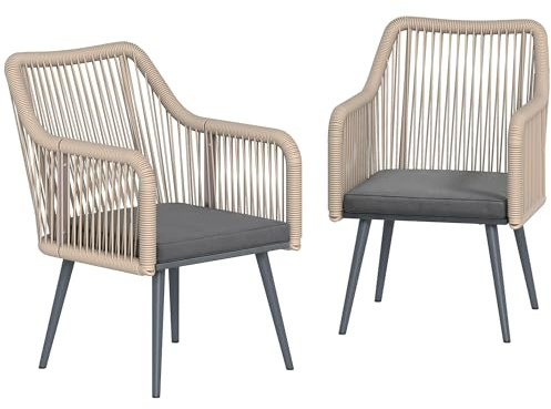 Outsunny Set 2 Sedie da Giardino in Rattan PE con Cuscini Morbidi Lavabili e Braccioli, Sedie per Pranzo da Esterno in Acciaio, da Patio, Balcone, Terrazza, Esterno, 54x65x80cm, Grigio Scuro