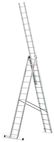 BAULICH - Échelle Multifonctionnelle en Aluminium 3 en 1-14 Marches - Trois Segments Professionnels - Appui, Déployable, Autoportant - pour Travaux Domestiques - avec Stabilisateur - Argenté
