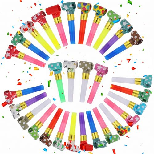 KIMHOME Juego de 30 sopladores de fiesta, silbatos coloridos para hacer ruido para cumpleaños, graduación y celebraciones de Año Nuevo
