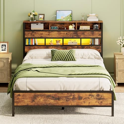 IRONCK Double Bed Frame with Storage Headboard, 3-Tier Shelves, 135x190 cm