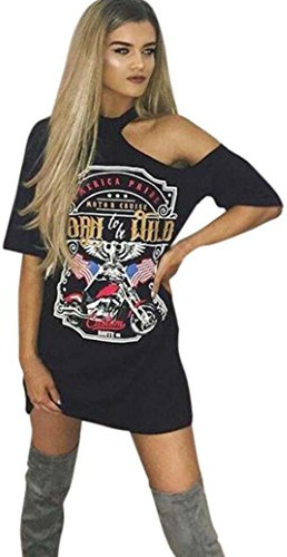 HOMEBABY Women Vintage Off Shoulder Rock Style Long T-Shirt Mini Dress (XL) Black