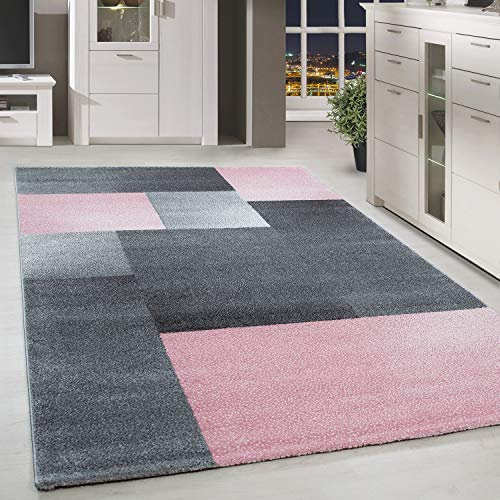 HomebyHome Teppich Wohnzimmer 200x290 cm Grau und Rosa Kariert Design - Schlafzimmer Teppich Kurzflor Extra Weich Pflegeleicht Teppiche Waschbar für Küche Esszimmer - Carpet Living Room