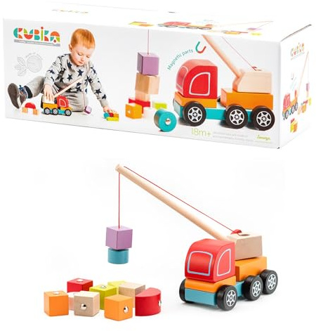 CUBIKA Wooden Crane Truck – Magnetic Construction Vehicle Playset for Toddlers Ages 18 Months+ – Montessori Toy for Fine Motor Skills, Creativity, and Imaginative Play