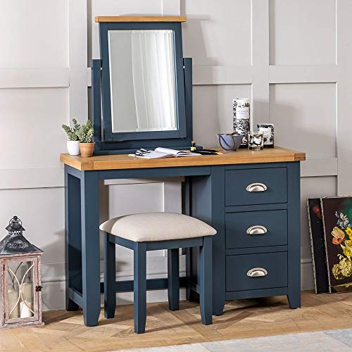 The Furniture Market Westbury Blue 3-Piece Dressing Table Set – Vanity Table with 3 Drawers, Adjustable Mirror & Upholstered Stool – Blue Painted with Light Oak Top - H 785mm x W 1140mm x D 430mm