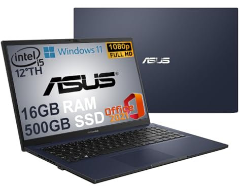 ASUS Ordinateur portable, PC portable, processeur Intel i5 de 12 Th 10 cœurs, RAM 16 Go, SSD M.2 Nvme 512 Go, 15,6 FHD, wi-fi, 4 USB, Bt, Intel Iris xE, Windows 11 Pro, paquet Office 2021, prêt à