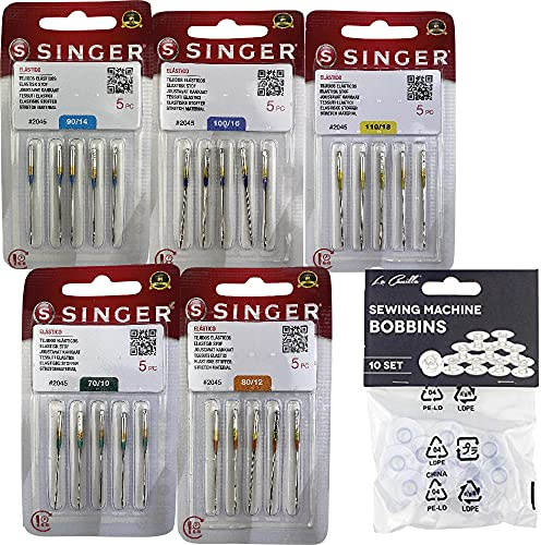 Singer Pack de 5 Paquetes de Agujas para Máquinas de Coser de Punto, Elásticos, Stretch Universales 130/705 H-S 2045 Grosor 70, 80, 90, 100 y 110