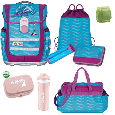 Familando - McNeill ERGO COMPLETE Schulranzen Set - 9-teilig - FINNY Delfin - Ergonomisch & 3-fach verstellbar - 1150g leicht mit 20L Volumen & Reflektoren - Für Grundschule ab 1. Klasse