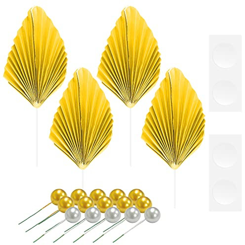Paquet de 4 Garnitures de Gâteau de Pétoncle de Paume avec 15 de Ballon, Garnitures de Feuille de Lance de Paume pour Anniversaire, Mariage, Décorations de Fête (Or)
