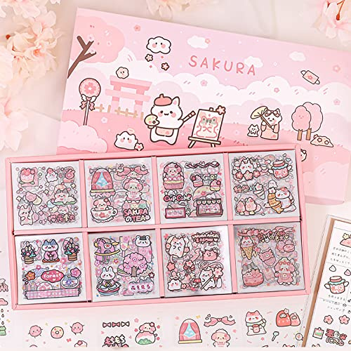 Doraking Kawaii Cute Animal Stickers for Journaling Scrapbooking, Vinyl Transparent Flower Stickers for Water Bottle Laptop, 200 Sheets Aesthetic Sticker Boxed Gifts for Teens Adults