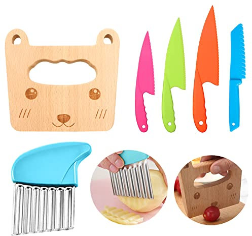 6 Piezas Juego de Cuchillos de Cocina para Niños,Juego Cuchillos Cocina Niños, Cuchillo de Plástico para Niños para Cortar Frutas o Verduras, pan, Cuchillo de Madera, Cuchillo para Patatas