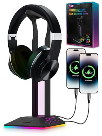 KALAHOL RGB Headphone Stand, Gaming Accessories Headset Stand, 2 USB & 1 Type-C Ports, LED Headset Holder for PC Gamer Headphone Accessories, Gift for Birthday, Boys, Christmas