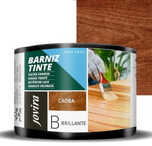 JOVIRA PINTURAS Barniz Tinte Brillante al Agua, acabado Brillo. Especial para teñir y barnizar maderas. (375 Mililitros, Caoba) E-50