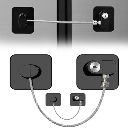 GGUFAY 2PCS Lucchetto Frigorifero Bambini, Autoadesiva Cavo Limitatore Apertura Finestra con 4 Chiave, Serrature per Finestre Per Bambini, Blocco per Frigo Cassetto Armadi, nero