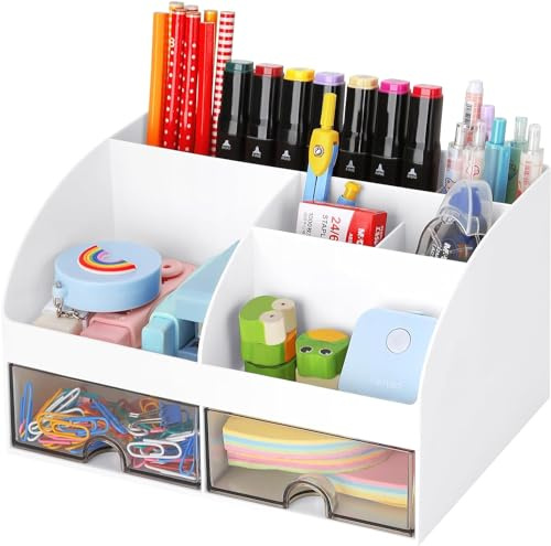 KAHEIGN Organisateur de Bureau avec 2 Tiroirs, 19CM x 14CM Organisateur de Bureau Multifonctionnel Porte-Stylo de Grande Capacité Organisateur de Maquillage pour Bureau École Maison Tableau (Blanc)