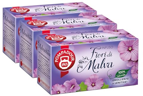 Pompadour, Infuso Fiori di Malva, 60 Filtri (3 Confezioni da 20 Filtri), Idratante, Lenitivo, Emolliente, 100% Naturale, Senza Lattosio, Glutine e Allergeni, Vegan