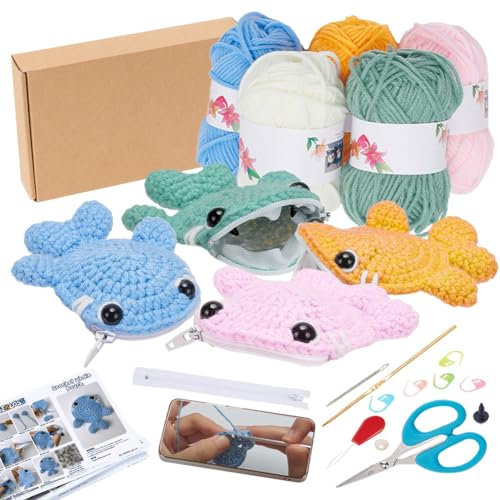 FREEBLOSS 4 Set Häkelset Für Anfänger, Häkel Wal Beutel, Komplettes Tier Häkelgarn Set, Häkel Stricksets Für Anfänger, Häkelset Für Erwachsene, DIY Handwerk, Kunst Geschenk