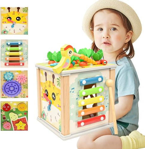 Kikuo Cubo di Abilità Motorie 6 in 1, Giochi Montessori Multiattività in Legno, Impilabile con Carote per Bambini 4 5 6+ Anni Regalo