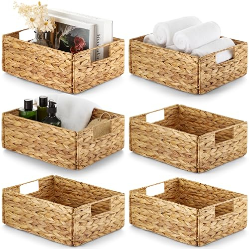 BLUEWEST Water Hyacinth Storage Baskets (Set of 6) – Woven Hyacinth Organizer with Carrying Handles, Laundry Basket for Organizing, Rattan Bin for Shelves