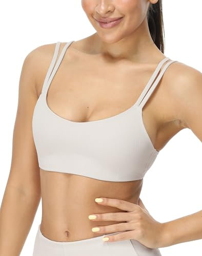 icyzone Women's Strappy Sports Bras - Molded Cups Workout Bra Yoga Tops Low Impact(Bone,L)