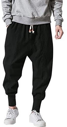 Herren Sommerhose Baggy Haremshose Japanische Einfarbig Freizeithose Baumwolle und Leinen Loose Fit Kordelzug Hose Casual Home Hose Leichte Atmungsaktive Jogging Sweatpants, Schwarz , 34-37
