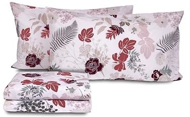 Set Lenzuola Matrimoniali In Cotone Fantasia Floreale, Made In Italy, Lenzuolo Sopra + Lenzuolo con Angoli + Coppia Federa, 100% Cotone, Rubino