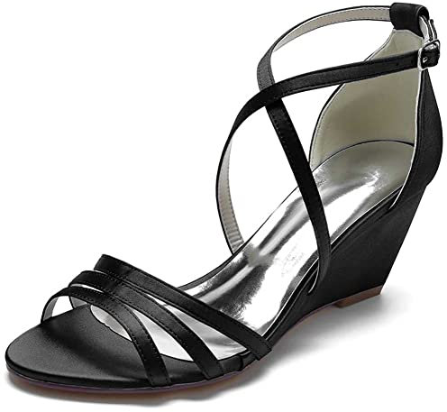 TarfiC Women's Wedding Bride Buckle Block Heels Peep Toe Bridal Shoes Wedge Court Mary Jane Satin Bridal Shoe Black