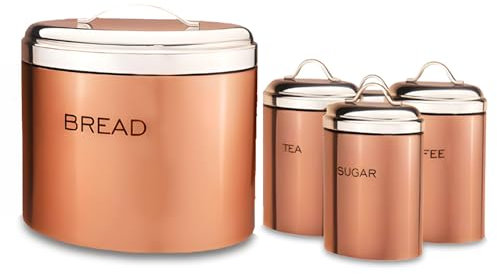 Kitchen Bread Bin & Tea Coffee Sugar Canisters Storage Set with Airtight Bamboo Lided Jars Tins Oval Shape Space Saver Storage Set Caravan Camping Easy Storage Lightweight Counter Set - Rose Gold