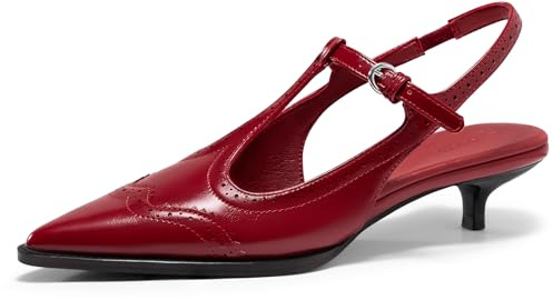 Coutgo Womens Slingback Kitten Heels Oxford T Strap Pumps Low Heel Closed Pointed Toe Vintage Dress Shoes, Red, 6 UK