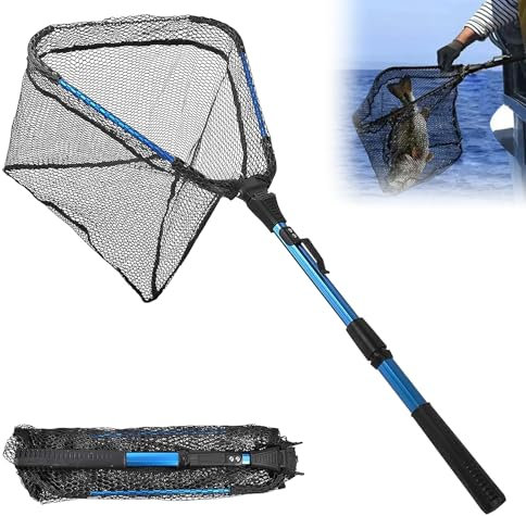 Epuisette Peche, Telescopique Pliante avec Manche Extensible en Aluminium pour Truite Carpe Poisson Chat Pratique pour Kayak Bateau, Epuisette Bassin Robuste, Epuisette Carpe Facile a Utiliser 90cm