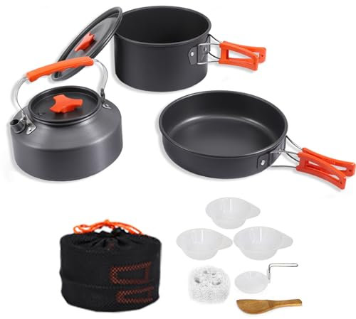 Utomhus Camping Köksredskap Set - Rostfritt stål Vattenkokare, Stekpanna, Camping Köksredskap Gryta Stekpanna Set Värmebeständig Non-Stick Lätt grytset Utomhus köksredskap Grön/143(Orange)