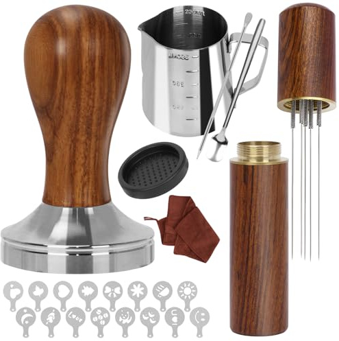 Y-Step Juego de prensador de café de 58 mm, juego de 23 piezas, juego de barista con jarra de espuma, tapete, lápiz de arte latte, agitador de café, prensador de madera de sándalo para cafetera