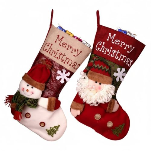 Rusudiy Set de 2 Calcetines de Navidad 3D Extra Grandes (45 cm) de Algodón y Fieltro,con Papá Noel y Muñeco de Nieve, Decoración Navideña para Chimenea, Árbol o Escalera, Colgar Regalos o Dulces