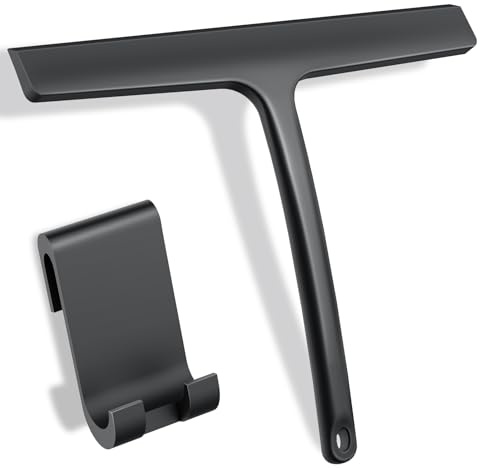 Euqvunn Tergivetro per Doccia con Gancio Robusto, Tira Acqua da Doccia in Silicone Senza Aloni, Tiraacqua Vetri Doccia Nero per Bagno, Cucina, Specchi e Vetri Auto, 24 cm