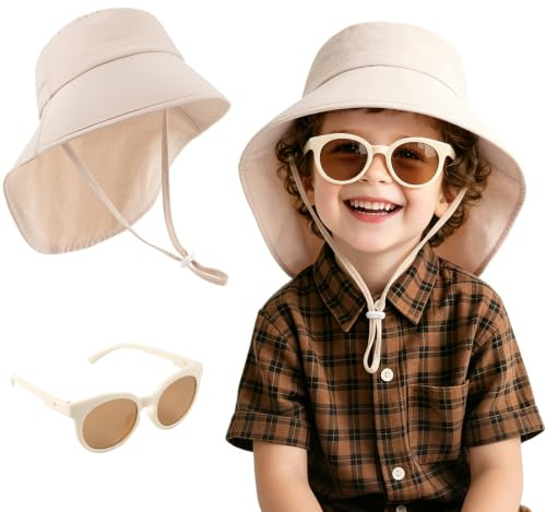 MELLIEX Sombrero de Sol para Bebé, Gorro Protección Solar con Gafas de Sol UPF 50+ Gorro de Playa de ala Ancha con Protector de Cuello, Gorra Verano de Solar para Niña Niños