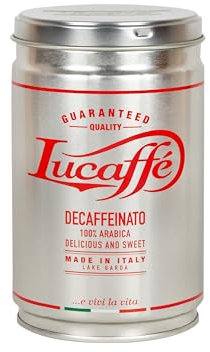 LUCAFFÈ Caffe Decaffeinato, caffè macinato 100% arabica, barattolo caffè 250 gr. acciaio salva aroma, caffè decaffeinato gusto dolce, corpo pieno, crema densa, aroma piacevole