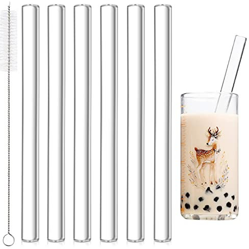 Glas Strohhalme, 6 Stück 14mm Geraden Glas Strohhalm mit 1 Stück Reinigungsbürste, Glasstrohalme Wiederverwendbar bubble tea strohhalme für Cocktail Smoothie Tee Transparent