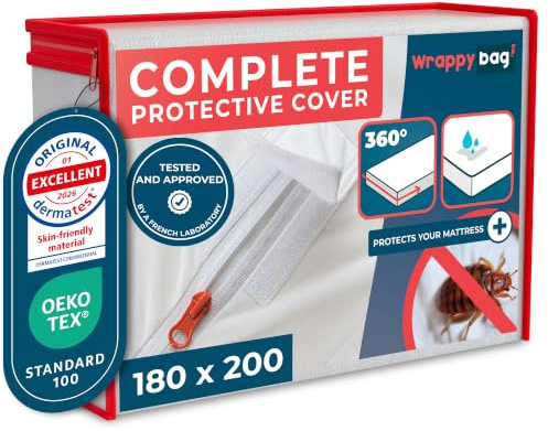 WRAPPYBAG® Coprimaterasso Impermeabile - Protezione Integrale Anti-Acaro e Insetti - Coprimaterasso senza Trattamenti Chimici - Superficie in Cotone Morbida e Confortevole - 14 Taglie Disponibili
