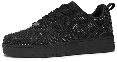 LUCKY STEP Damen-Sneaker mit Glitzernden Strasssteinen, Leder Low-Top Sneaker zum Schnüren, Lässige, Bequeme Walkingschuhe (Schwarzer Strass, 8US-38EU-5UK)