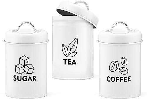Homikit Tea Coffee Sugar Canisters Set of 3, Metal Food Storage Jars with Airtight Lids, Decorative Kitchen Storage Tins for Farmhouse/Countertop Décor, Sturdy & Easy To Clean, Retro Design - White