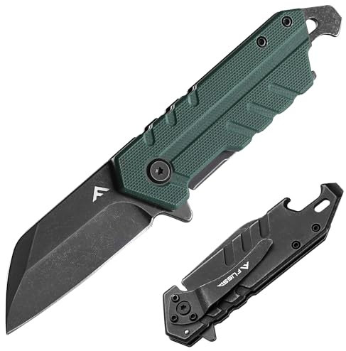 FLISSA Taschenmesser Klappmesser, Abgenutzter Stil, Einhandmesser mit G10 Griff, Jagdmesser mit Taschenclip&Flaschenöffner, Outdoor Messer für Camping, Jagd und Wandern, Grün