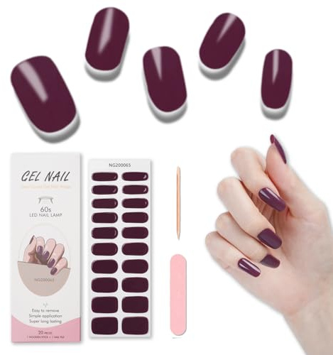 Foyute Semi Cured Gel Nail Strips, 20 Pcs Soft Self-Adhesive Gel Nail Polish Wraps Sticker for Salon-Quality Manicure Set,Long Lasting,Easy to Apply & Remove, Nail File & Wooden Stick (Grape purple)