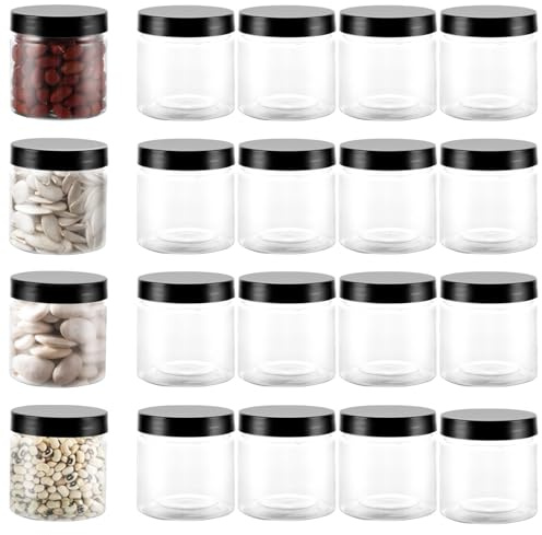 YAYODS 20 styck plastbehållare med svart lock - 180 ml transparenta förvaringsburkar - återanvändbara runda lufttäta burkar för kök hemma, kryddor, konfekt, te, nötter