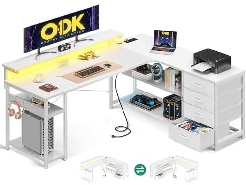 ODK Corner Desk with Drawers, L Shaped Gaming Desk with LED Lights & Power Outlets, Reversible Computer Desks for Home Office Workstation, Office Desks with Monitor Shelf, 155×110 cm, White