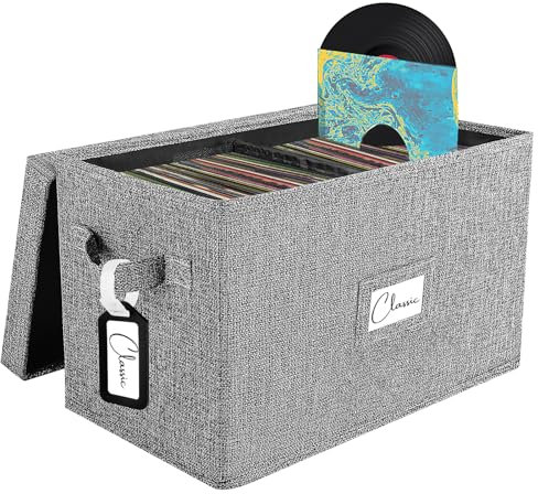 Woodoulogy Boîte de Rangement pour Vinyles 7/45 RPM, Étui avec Couvercle pour Jusqu'à 80 Albums, Caisse pour CD et Collection Musicale, Organisateur Pliable de Type Dossier avec Poignée (Gris)