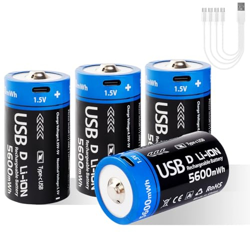insziii Rechargeable D Lithium Batteries 4 Pack, 1.5V Long-Lasting D Size Li-ion Battery, 5600mWh High Capacity D Cell Batteries with USB-C Charging Cable, for Flashlight, Water Heater, Gas Stove
