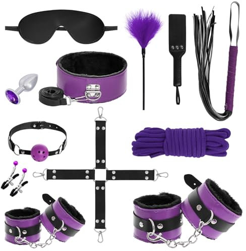 12er BDSM Bondage Set Fesselset Erotik SM Sex Spielzeug Zugband Handschellen Knöchelmanschetten Analplug Nippelklemmen Ballknebel Federkitzler Augenmaske Peitsche Paddel Baumwollseil (lila & schwarz)